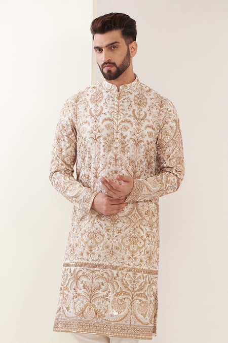 Shop_Kasbah_White Georgette, Cotton Gota Patti, Sequins Thread And Embroidered Kurta Set _Online_at_Aza_Fashions