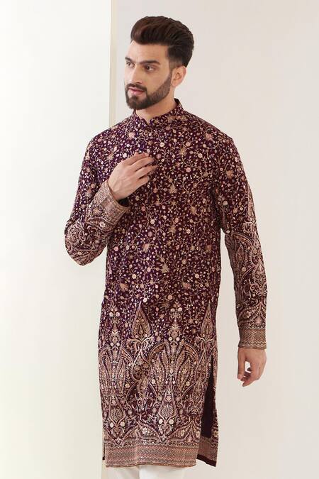 Shop_Kasbah_Maroon Georgette, Cotton Embroidery, Sequins Floral Jaal Thread Kurta Set _Online_at_Aza_Fashions