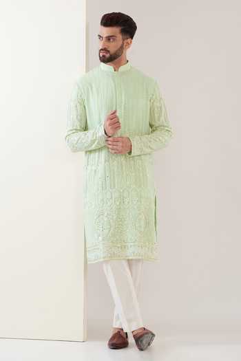 Buy Kasbah Green Georgette, Cotton Embroidery Geometric Floral Kurta With Pant at Aza Fashions Buy_Kasbah_Green Georgette, Cotton Embroidery Geometric Floral Kurta With Pant _at_Aza_Fashions