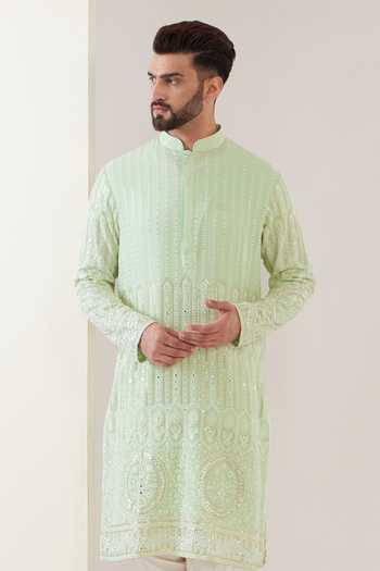 Shop Kasbah Green Georgette, Cotton Embroidery Geometric Floral Kurta With Pant Online at Aza Fashions Shop_Kasbah_Green Georgette, Cotton Embroidery Geometric Floral Kurta With Pant _Online_at_Aza_Fashions