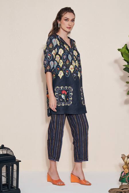 Shop_Pozruh By Aiman_Black Hemp Embroidery Collared Magpie Printed Tunic _Online_at_Aza_Fashions
