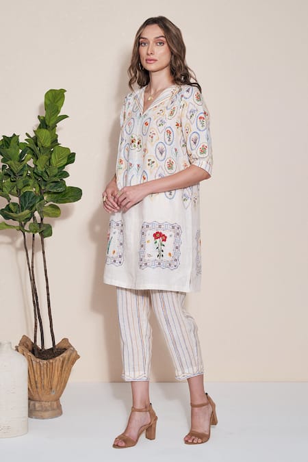 Pozruh By Aiman White Hemp Embroidery Collared Magpie Printed Tunic Online at Aza Fashions Pozruh By Aiman_White Hemp Embroidery Collared Magpie Printed Tunic _Online_at_Aza_Fashions