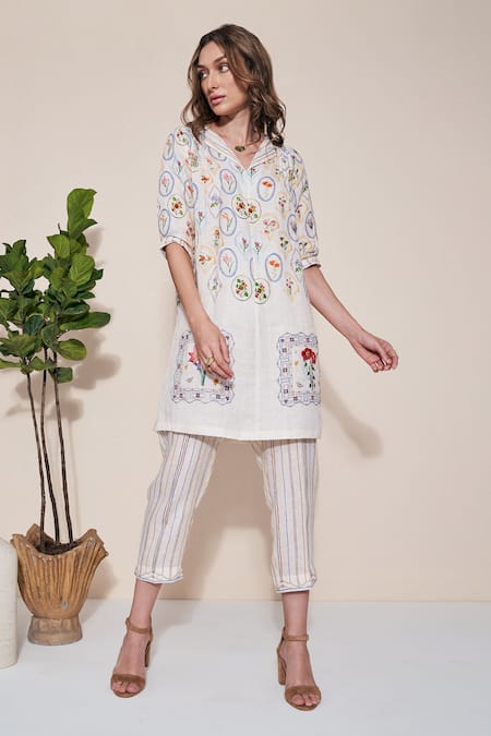 Shop Pozruh By Aiman White Hemp Embroidery Collared Magpie Printed Tunic Online at Aza Fashions Shop_Pozruh By Aiman_White Hemp Embroidery Collared Magpie Printed Tunic _Online_at_Aza_Fashions