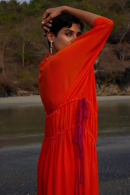 Twinkle Hanspal_Orange Crepe V-neck Lexi Flared Solid Kaftan_Online_at_Aza_Fashions