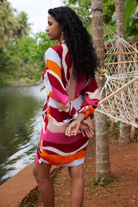 Shop_Twinkle Hanspal_Multi Color Crepe Olive Wave Print Dress _at_Aza_Fashions
