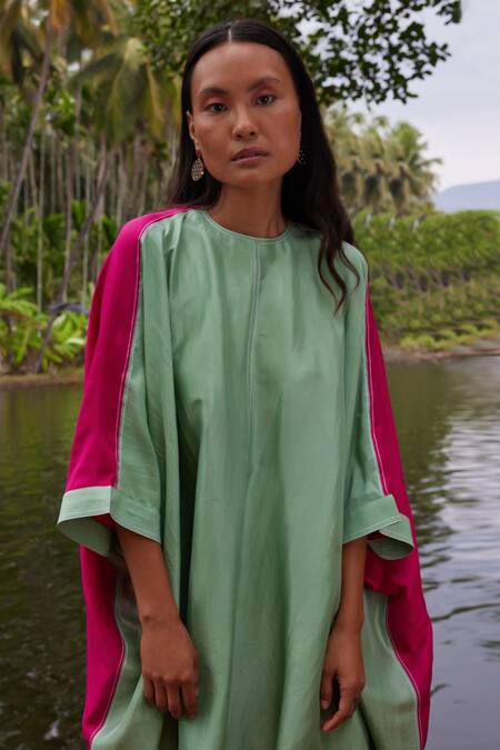 Twinkle Hanspal_Green Silk Round Neck Marina Colour Block Kaftan With Pant_Online_at_Aza_Fashions