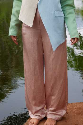 Twinkle Hanspal_Multi Color Linen Satin Solid Block Carter Asymmetric Blazer With Pant_Online_at_Aza_Fashions