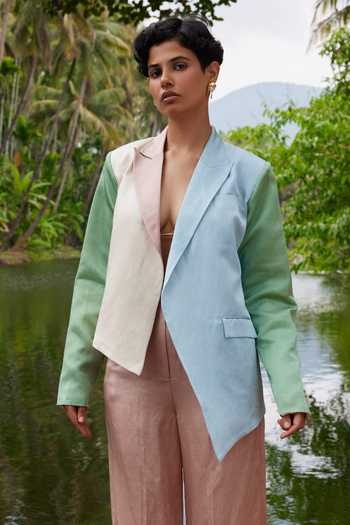 Buy_Twinkle Hanspal_Multi Color Linen Satin Solid Block Carter Asymmetric Blazer With Pant_Online_at_Aza_Fashions