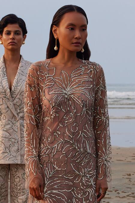 Twinkle Hanspal_Pink Tulle Embroidery Sequin Round Gemma Dress_Online_at_Aza_Fashions