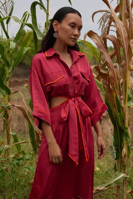 Twinkle Hanspal_Red Linen, Satin Collared Elliott Side Cut Out Shirt Dress_Online_at_Aza_Fashions