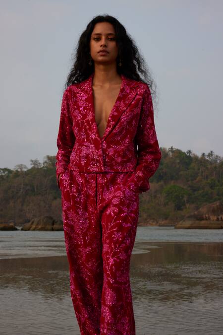 Twinkle Hanspal Red Crepe Printed Hand Embroidery Lapel Vivian Blazer And Pant Set Online at Aza Fashions Twinkle Hanspal_Red Crepe Printed Hand Embroidery Lapel Vivian Blazer And Pant Set _Online_at_Aza_Fashions