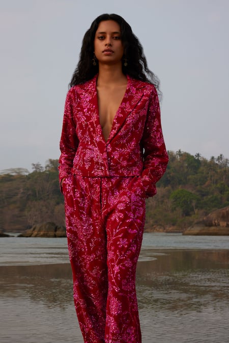 Buy Twinkle Hanspal Red Crepe Printed Hand Embroidery Lapel Vivian Blazer And Pant Set Online at Aza Fashions Buy_Twinkle Hanspal_Red Crepe Printed Hand Embroidery Lapel Vivian Blazer And Pant Set _Online_at_Aza_Fashions