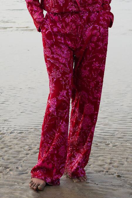 Shop Twinkle Hanspal Red Crepe Printed Hand Embroidery Lapel Vivian Blazer And Pant Set Online at Aza Fashions Shop_Twinkle Hanspal_Red Crepe Printed Hand Embroidery Lapel Vivian Blazer And Pant Set _Online_at_Aza_Fashions