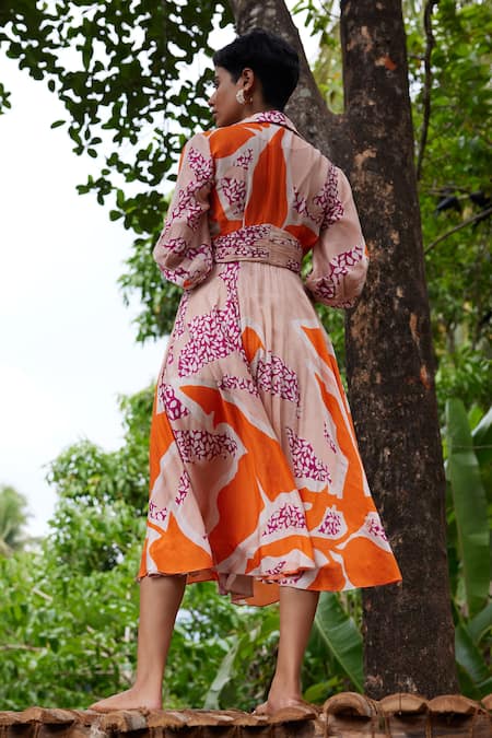 Shop Twinkle Hanspal Multi Color Chanderi V-neck Mila Palm Print Dress at Aza Fashions Shop_Twinkle Hanspal_Multi Color Chanderi V-neck Mila Palm Print Dress_at_Aza_Fashions