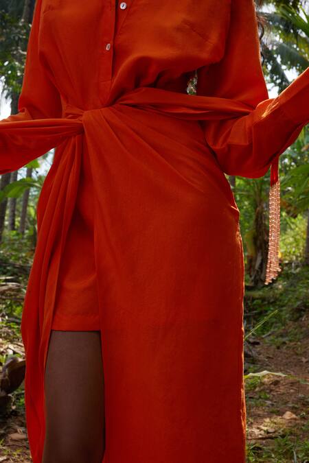 Twinkle Hanspal_Orange Silk Tassels Shawl Neck, Collared Esme Tie-up Shirt Dress_Online_at_Aza_Fashions