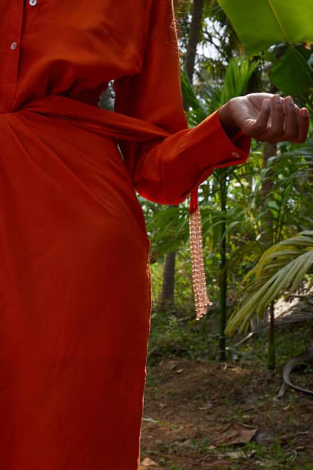 Buy_Twinkle Hanspal_Orange Silk Tassels Shawl Neck, Collared Esme Tie-up Shirt Dress_Online_at_Aza_Fashions