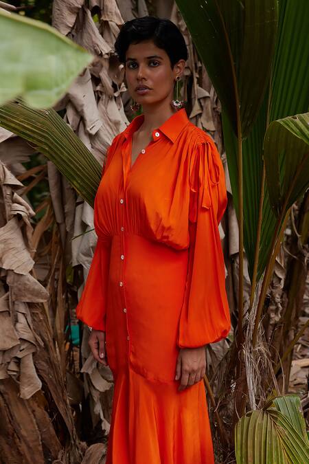 Twinkle Hanspal_Orange Crepe Shawl Neck Sierra Shirt Maxi Dress_Online_at_Aza_Fashions