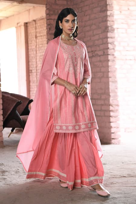Buy EthniCraze Girls Embroidered Chanderi Suit with Sharara Pants (16-17  Years, Pink) at