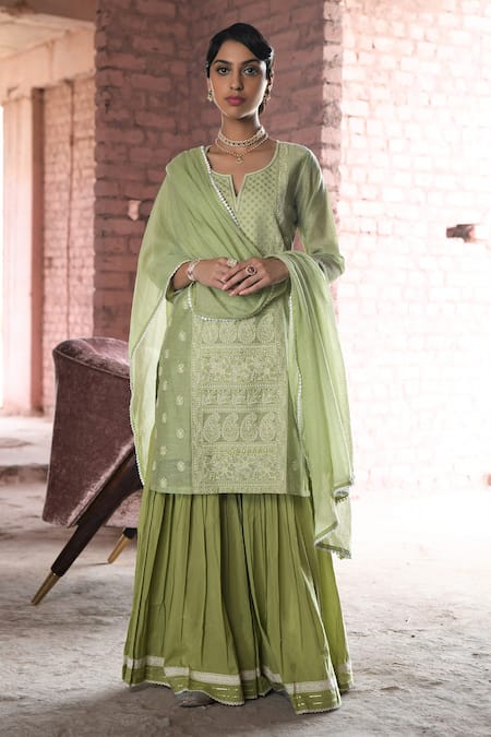 Buy_Karaj Jaipur_Green Chanderi, Cotton, Kota Doria Embroidery, Zara Chikankari Work Kurta Set _Online_at_Aza_Fashions