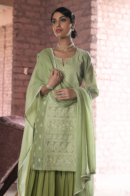 Shop_Karaj Jaipur_Green Chanderi, Cotton, Kota Doria Embroidery, Zara Chikankari Work Kurta Set _Online_at_Aza_Fashions