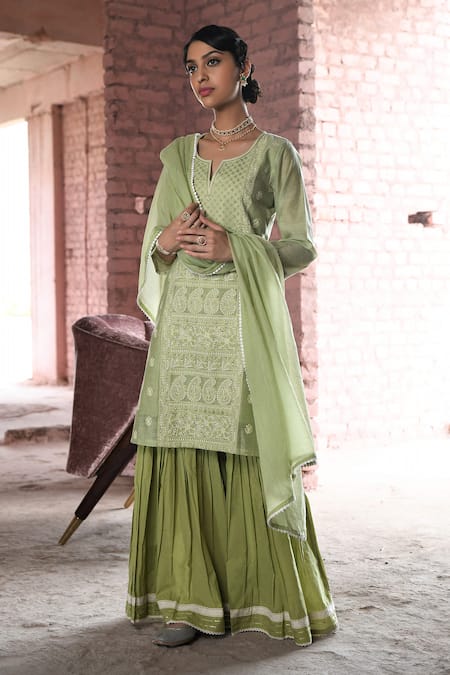 Karaj Jaipur_Green Chanderi, Cotton, Kota Doria Embroidery, Zara Chikankari Work Kurta Set _at_Aza_Fashions