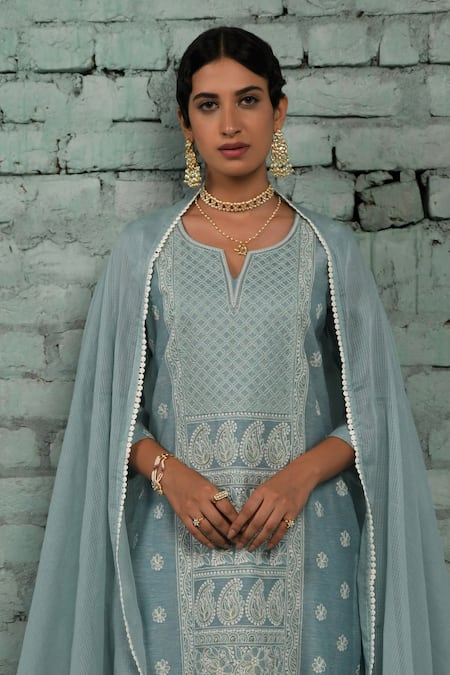 Karaj Jaipur Blue Chanderi, Cotton, Kota Doria Sequins, Lace, Zara Chikankari Work Kurta Set Online at Aza Fashions Karaj Jaipur_Blue Chanderi, Cotton, Kota Doria Sequins, Lace, Zara Chikankari Work Kurta Set_Online_at_Aza_Fashions