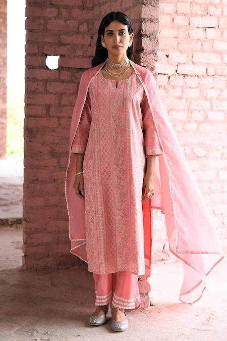 KARAJ JAIPUR Hoor Chikankari Work Chanderi Kurta Set 