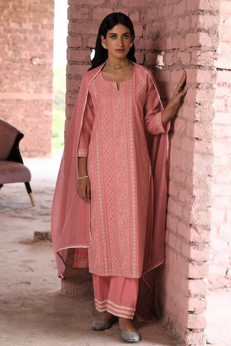 Karaj Jaipur_Pink Chanderi, Cotton, Kota Doria Lace, Sequins, Hoor Chikankari Work Kurta Set _Online_at_Aza_Fashions