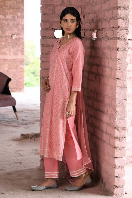 Shop_Karaj Jaipur_Pink Chanderi, Cotton, Kota Doria Lace, Sequins, Hoor Chikankari Work Kurta Set _Online_at_Aza_Fashions