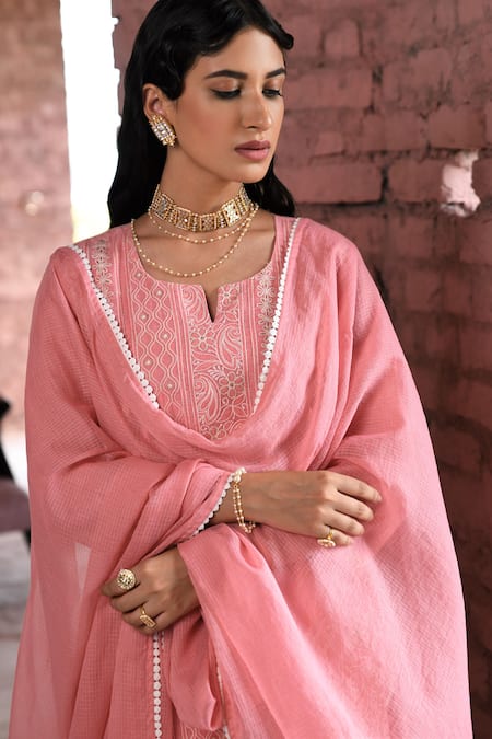 Karaj Jaipur_Pink Chanderi, Cotton, Kota Doria Lace, Sequins, Hoor Chikankari Work Kurta Set _at_Aza_Fashions