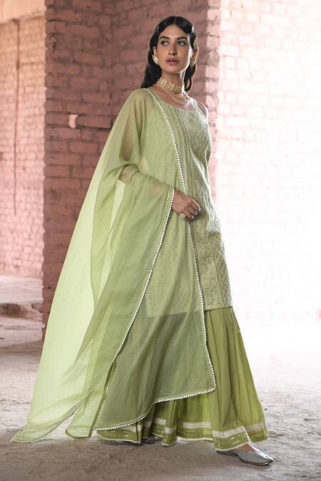 Shop_Karaj Jaipur_Green Chanderi, Cotton, Kota Doria Lace Round Hoor Chikankari Work Kurta Set _Online_at_Aza_Fashions