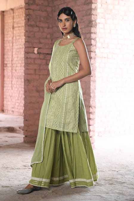 Karaj Jaipur_Green Chanderi, Cotton, Kota Doria Lace Round Hoor Chikankari Work Kurta Set _at_Aza_Fashions