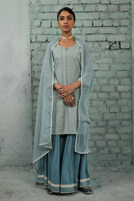 Karaj Jaipur Hoor Chanderi Embroidered Kurta Sharara Set 