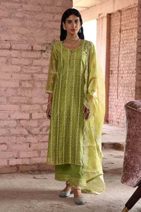 KARAJ JAIPUR Chanderi Chikankari Embroidered Kurta Set 