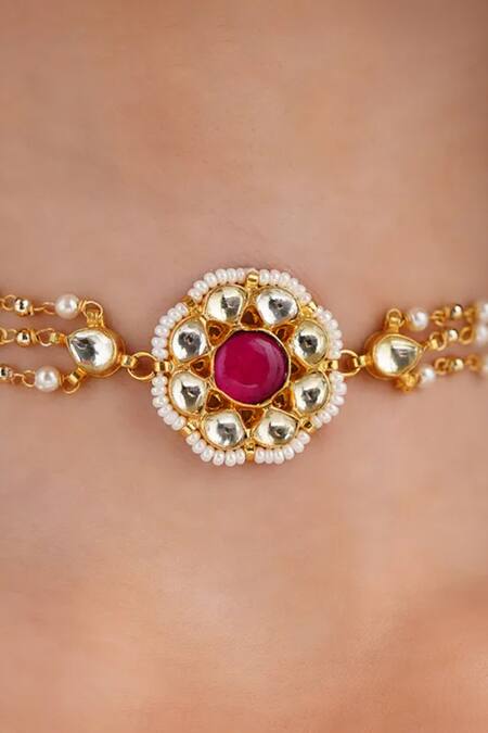 Maisara Jewelry_Red Jadau Floral Choker Necklace _Online_at_Aza_Fashions