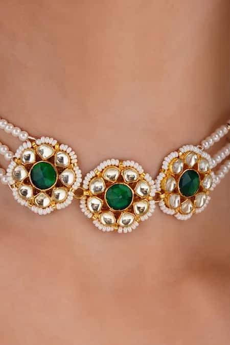Maisara Jewelry_Green Jadau Floral Choker Necklace _Online_at_Aza_Fashions