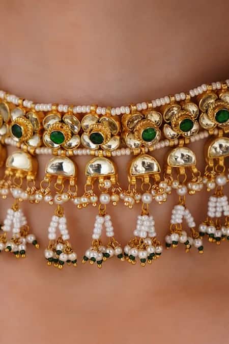 Maisara Jewelry Green Bead Pearl Stone Choker Set 