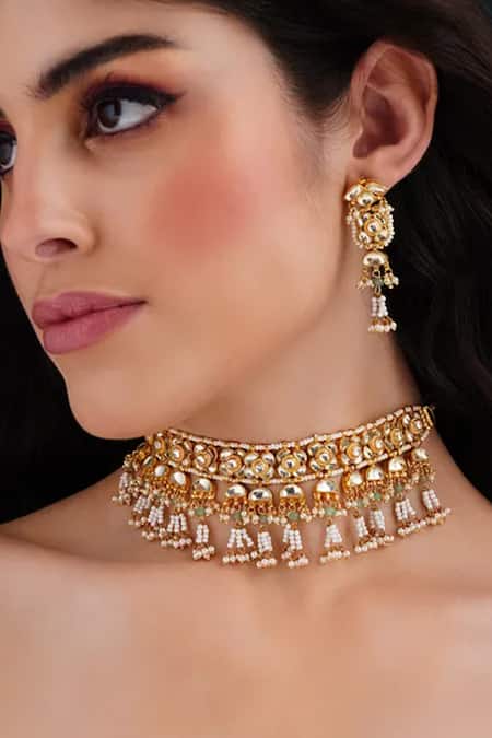 Buy MAISARA JEWELRY White Pearls, Stones, Beads Gold Polished Choker Set at Aza Fashions Buy_MAISARA JEWELRY_White Pearls, Stones, Beads Gold Polished Choker Set _at_Aza_Fashions
