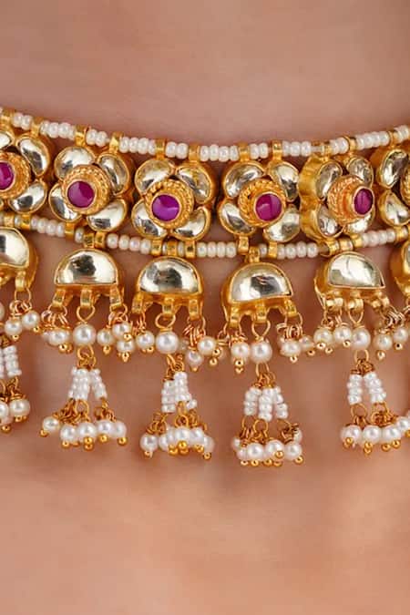 MAISARA JEWELRY_Pink Pearls, Stones, Beads Gold Polished Choker Set _Online_at_Aza_Fashions