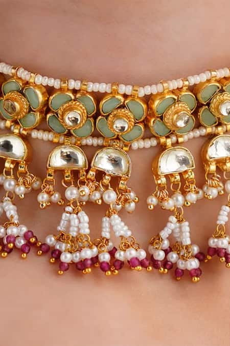 MAISARA JEWELRY_Green Pearls, Stones, Beads Gold Polished Choker Necklace Set _Online_at_Aza_Fashions