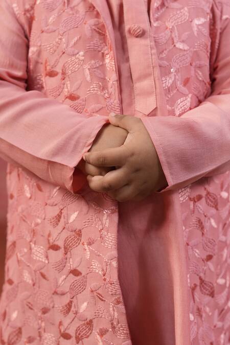 Cute Couture_Peach Muslin, Silk Embroidery Self Jacket Churidar Set _Online_at_Aza_Fashions