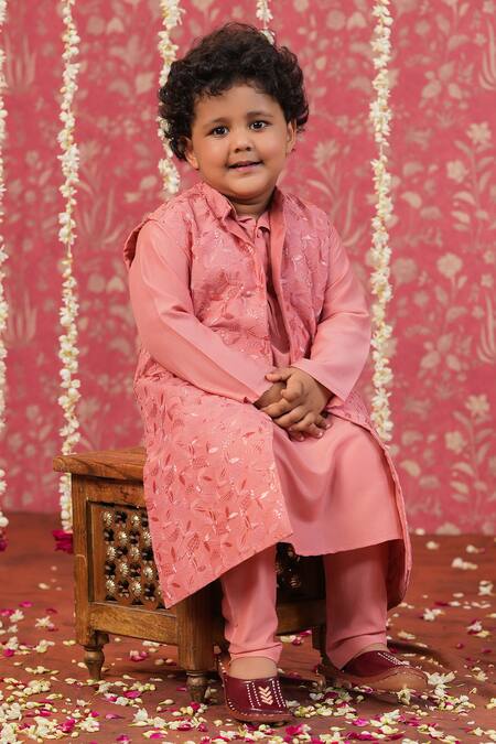 Buy_Cute Couture_Peach Muslin, Silk Embroidery Self Jacket Churidar Set _Online_at_Aza_Fashions