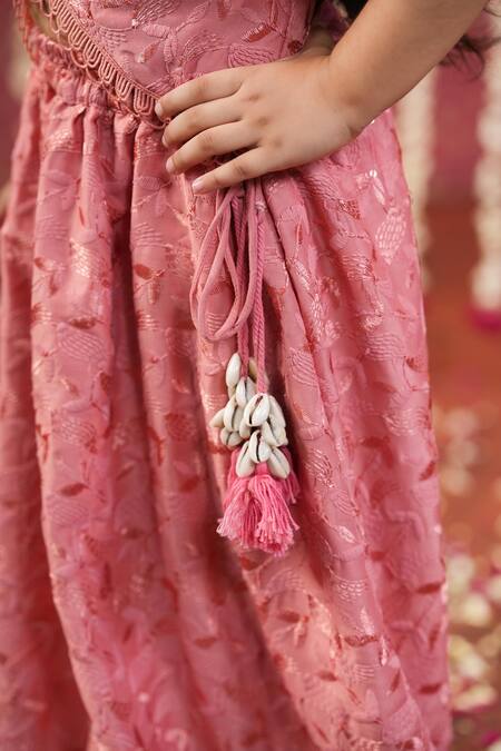 Cute Couture_Peach Silk Tassels, Embroidery Self Lehenga Set _Online_at_Aza_Fashions