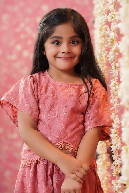 Cute Couture_Peach Silk Tassels, Embroidery Self Lehenga Set _at_Aza_Fashions