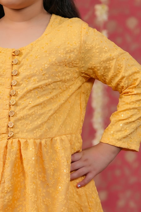 Cute Couture_Yellow Muslin, Silk Embroidery Self Kurta And Palazzo Set _Online_at_Aza_Fashions
