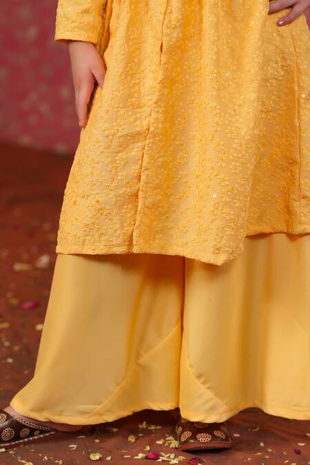 Buy_Cute Couture_Yellow Muslin, Silk Embroidery Self Kurta And Palazzo Set _Online_at_Aza_Fashions