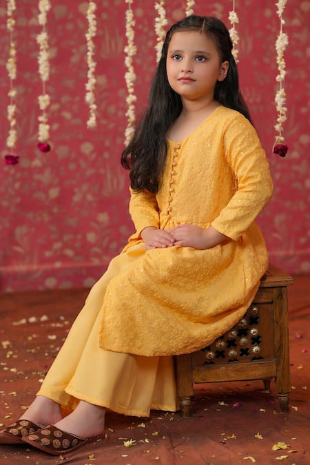 Shop_Cute Couture_Yellow Muslin, Silk Embroidery Self Kurta And Palazzo Set _Online_at_Aza_Fashions