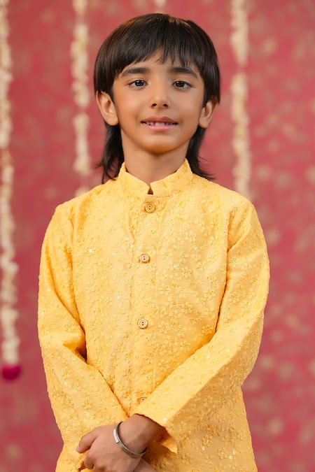 Cute Couture_Yellow Muslin, Silk Embroidery Front Button Sherwani Kurta And Balloon Pant Set _Online_at_Aza_Fashions