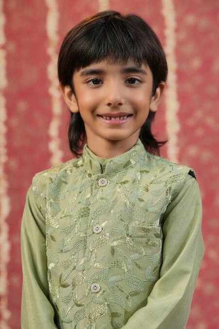 Cute Couture_Green Muslin, Silk Embroidery Jacket Pant Set _Online_at_Aza_Fashions