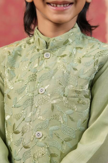 Buy_Cute Couture_Green Muslin, Silk Embroidery Jacket Pant Set _Online_at_Aza_Fashions